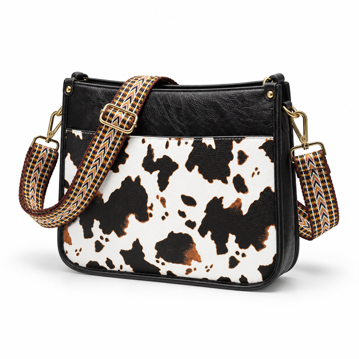 Black Cow Print Adjustable Crossbody Bag-3