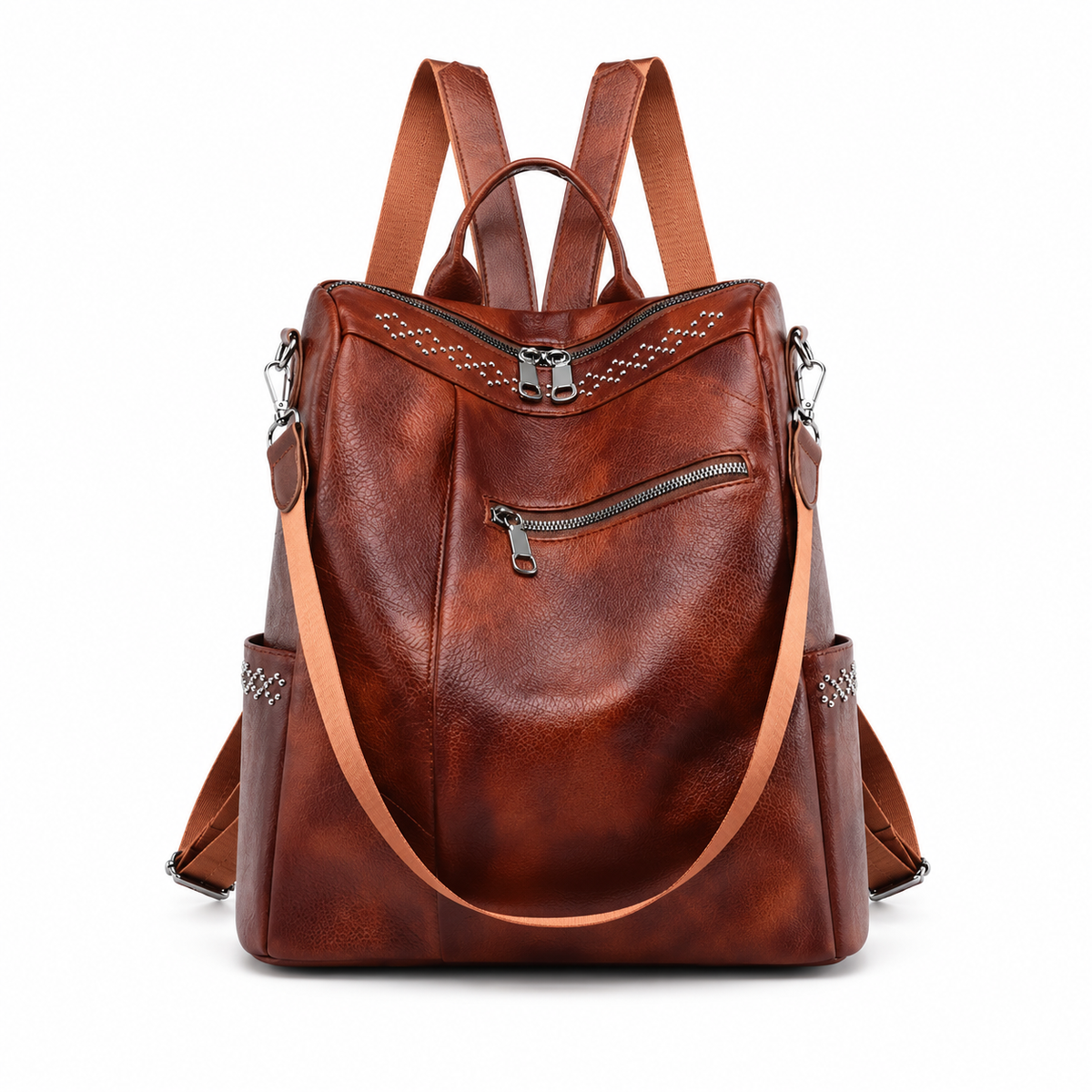 Vintage Brown Studded Convertible Backpack Bag-4