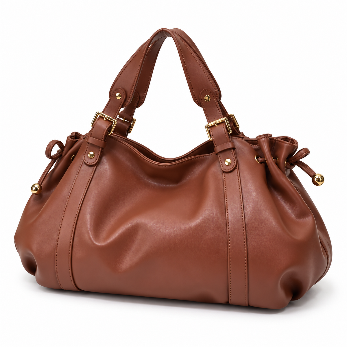 Elegant Brown Slouchy Handbag With Buckles-3