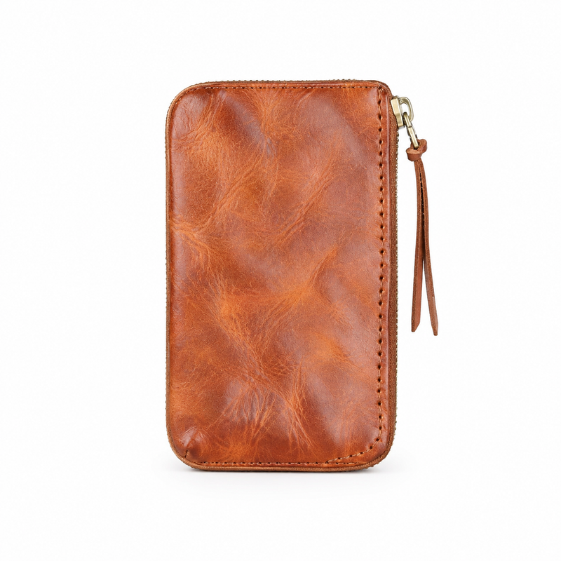 Vintage Brown Leather Zip-Around Wristlet Wallet-4