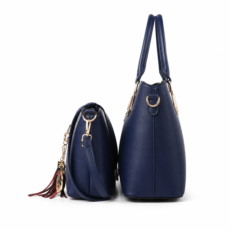 2-Piece Navy Blue Structured Tote and Crossbody Handbag Set-3