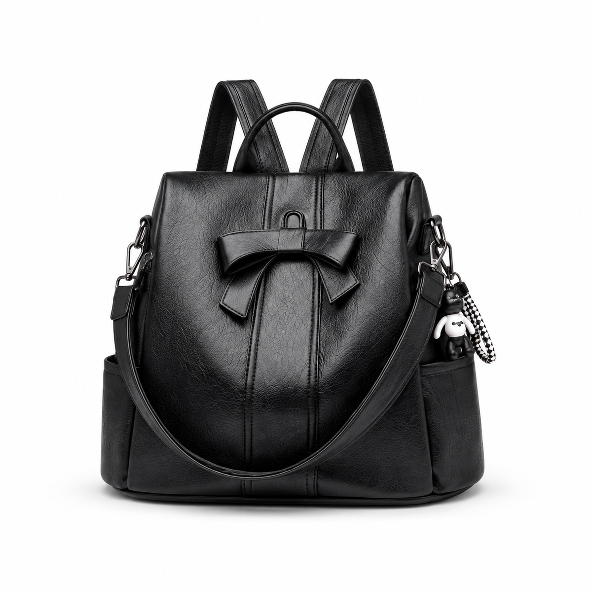 Black Bow Detail Convertible Leather Backpack & Shoulder Bag-4