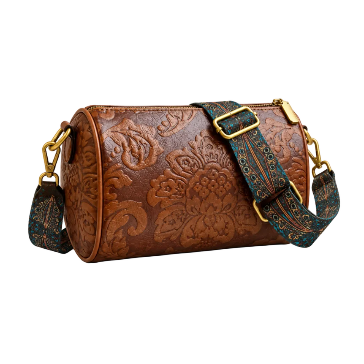 Brown Floral Embossed Barrel Vintage Crossbody Bag-1