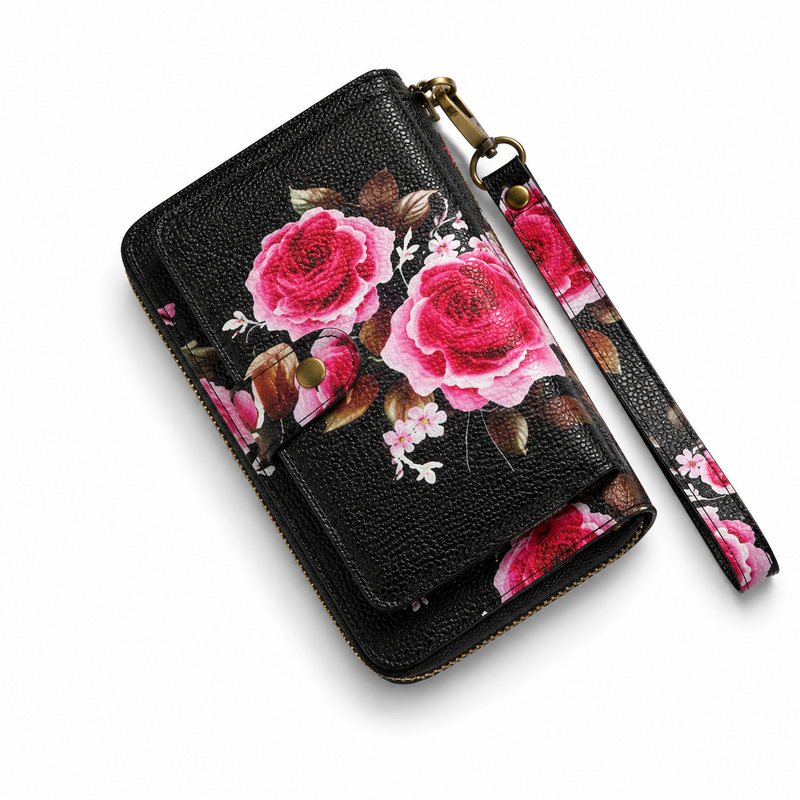 Black Floral Print Zip-Around Wristlet Wallet-1