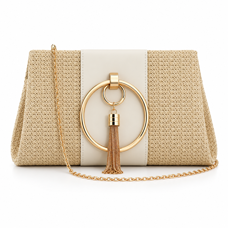 Light Yellow Woven Clutch Tassel Bag-4