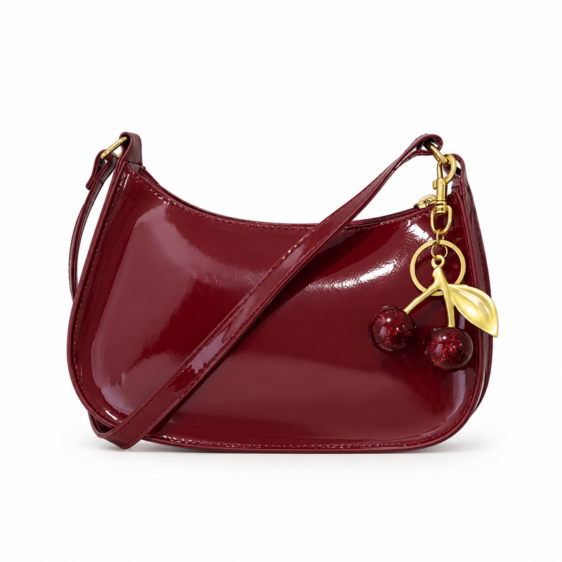 Glossy Burgundy Cherry Charm Shoulder Bag-4