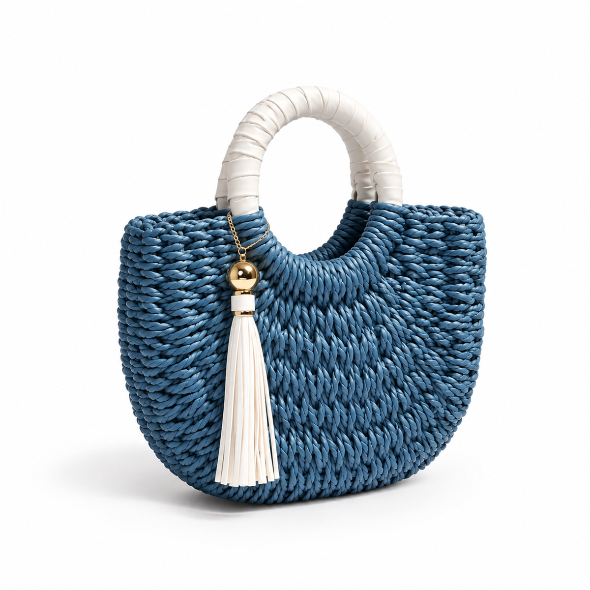 Blue Woven Tassel Ring Handle Handbag-1