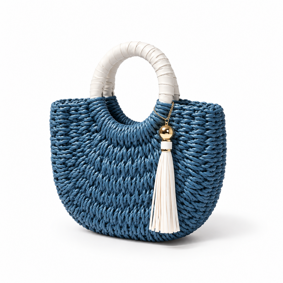 Blue Woven Tassel Ring Handle Handbag-3