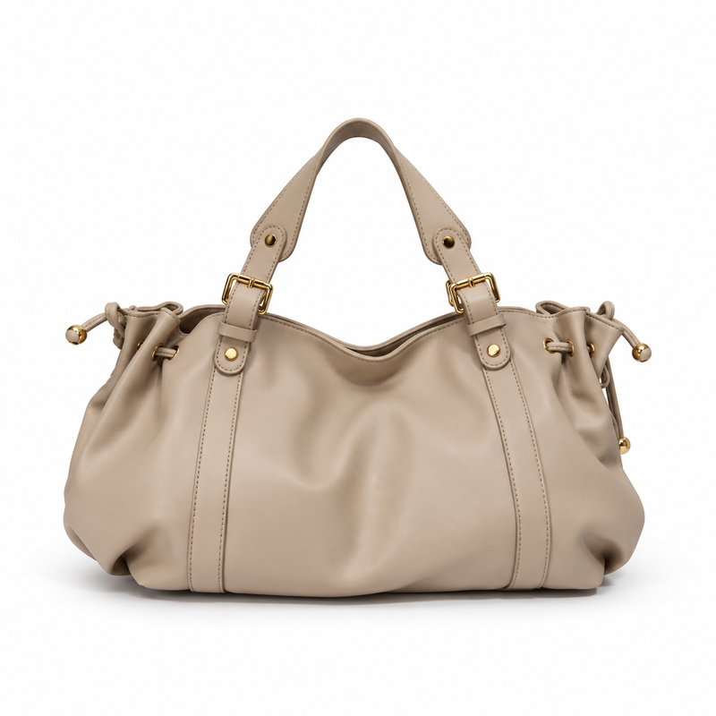 Elegant Taupe Slouchy Drawstring Tote Handbag-4