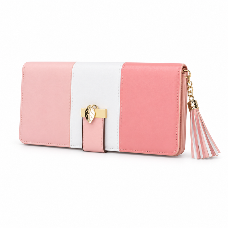 Pink Color Block Wallet With Tassel-3
