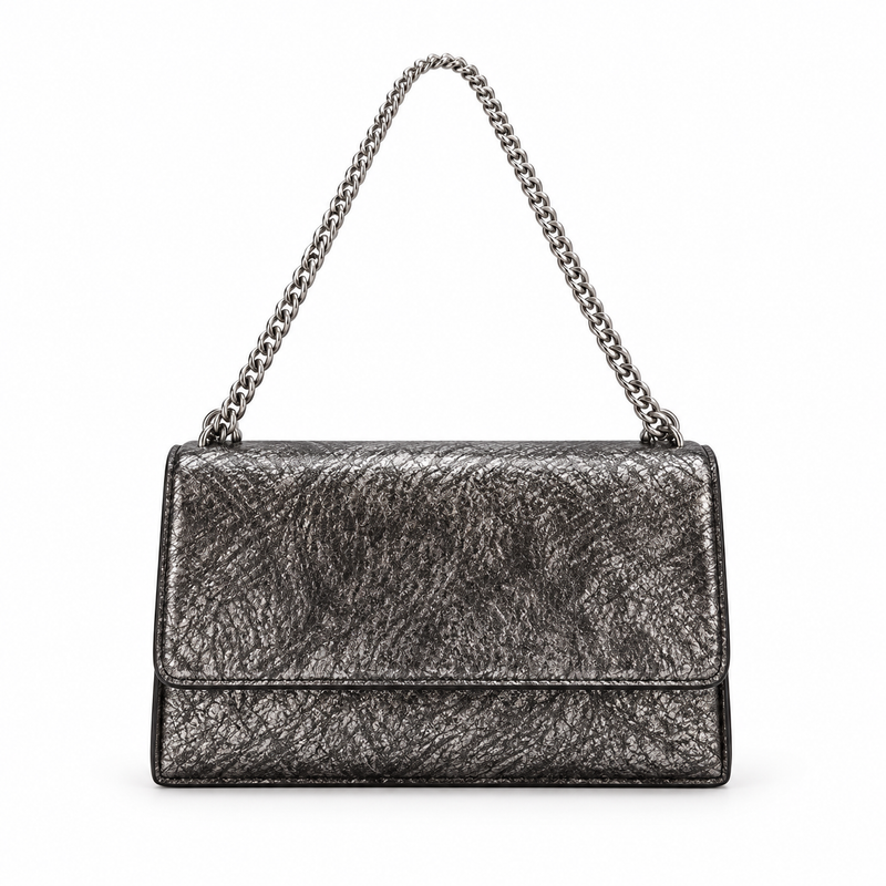 Metallic Silver Textured Chain Shoulder Bag-2