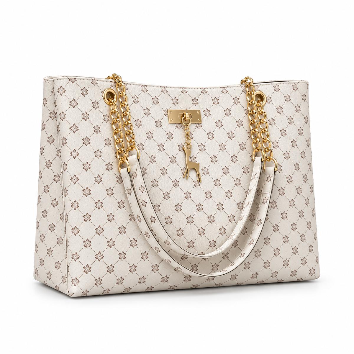Elegant Ivory Monogram Gold Shoulder Tote