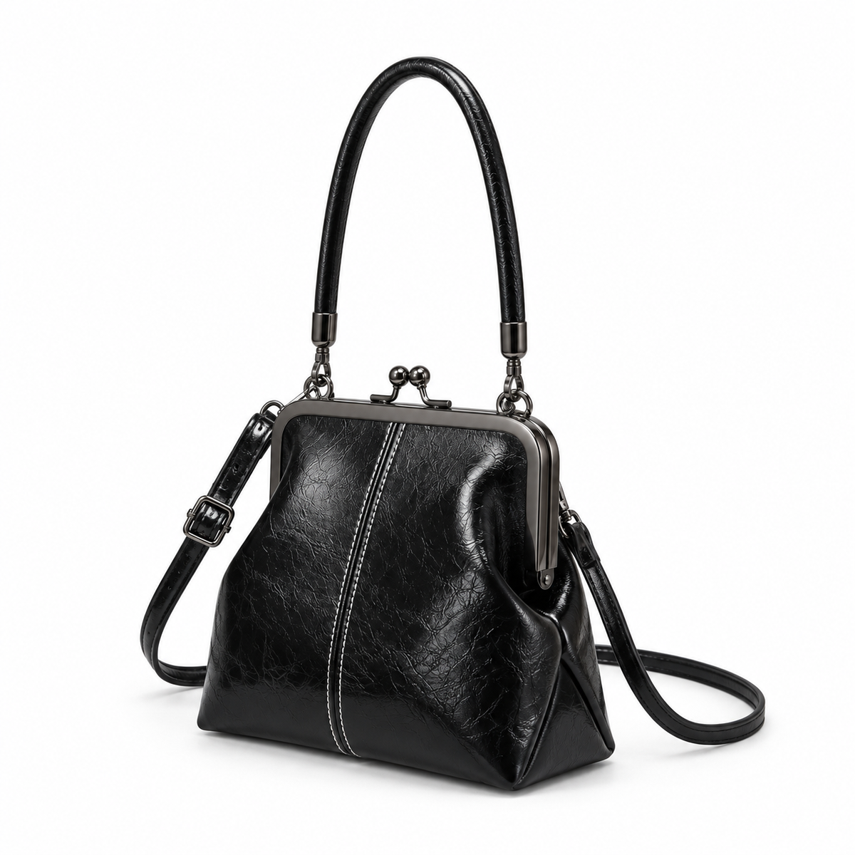 Vintage Black Kiss Lock Shoulder Handbag-2