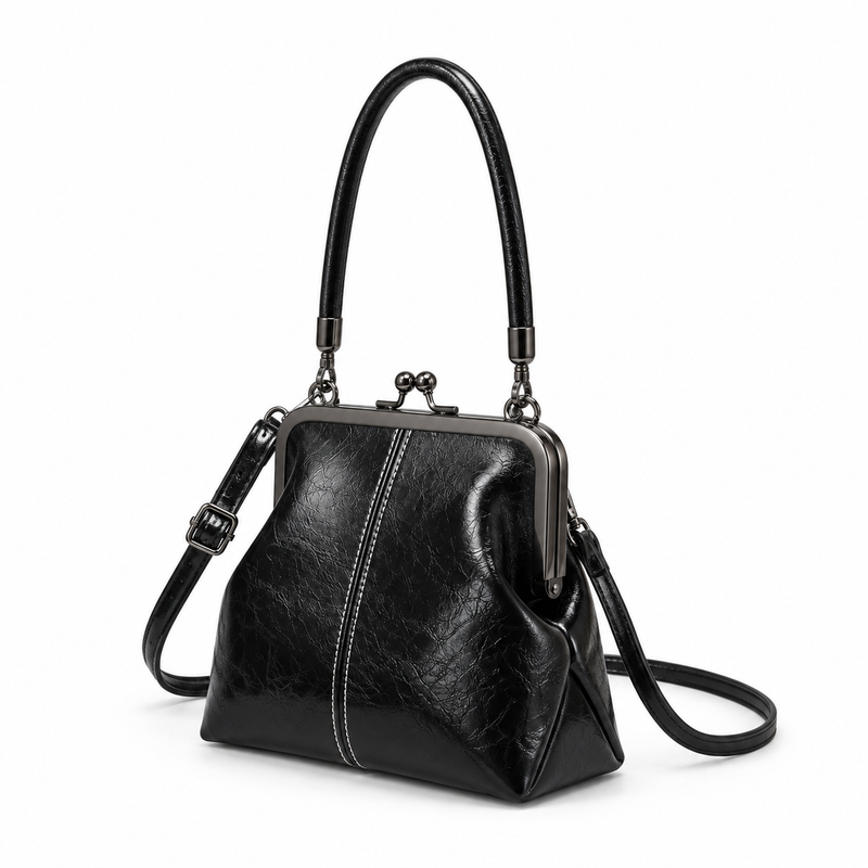 Vintage Black Kiss Lock Shoulder Handbag-2