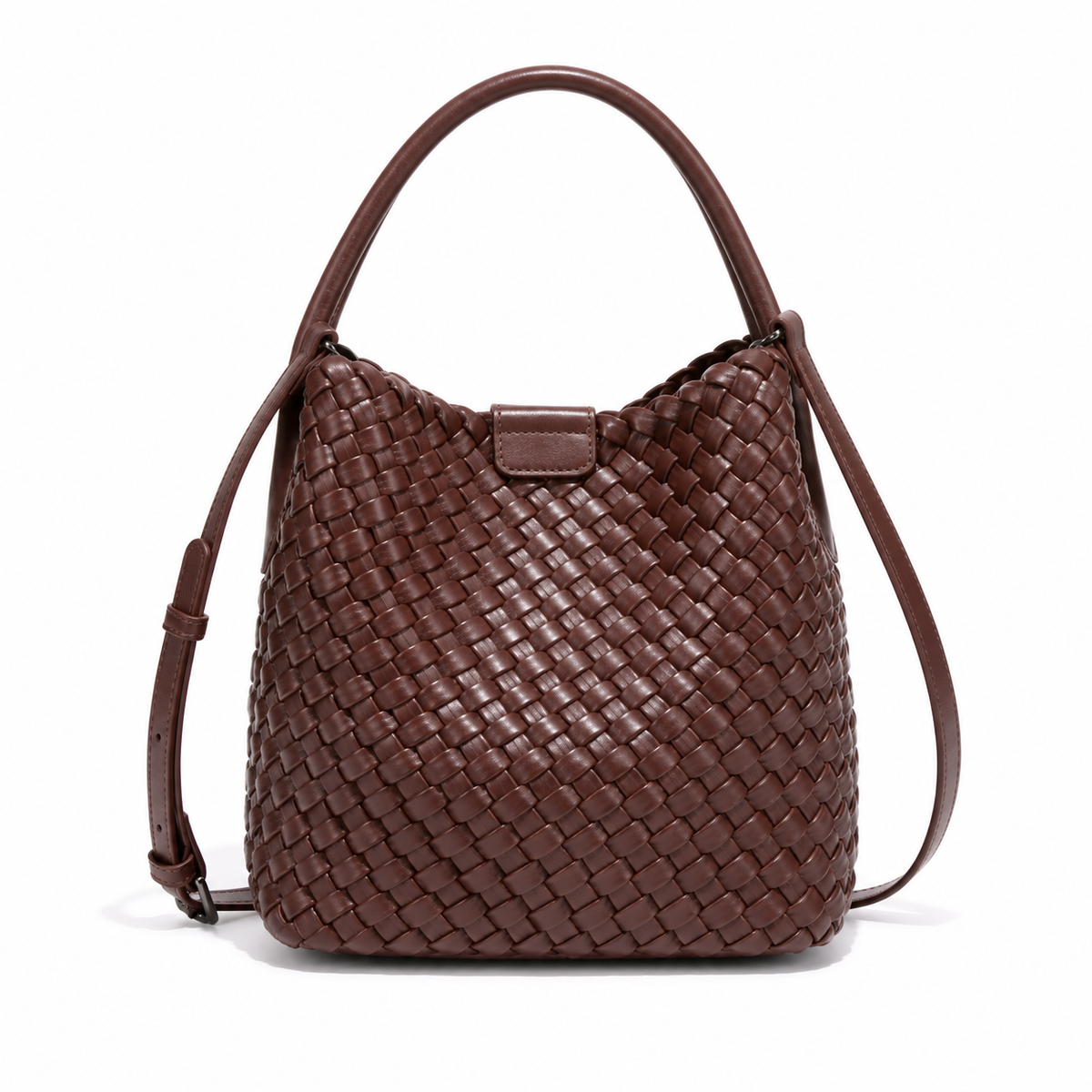 Chocolate Brown Woven Bucket Shoulder Bag-3