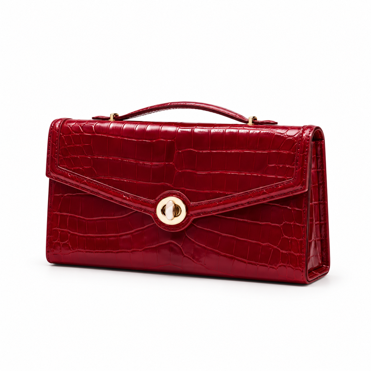 Red Crocodile Embossed Top Handle Clutch-3