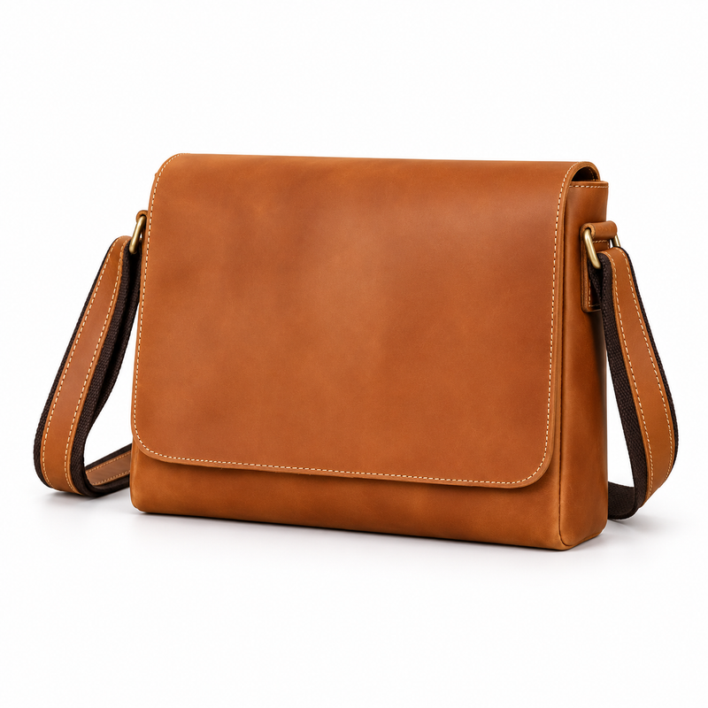 Classic Cognac Leather Crossbody Messenger Bag-3