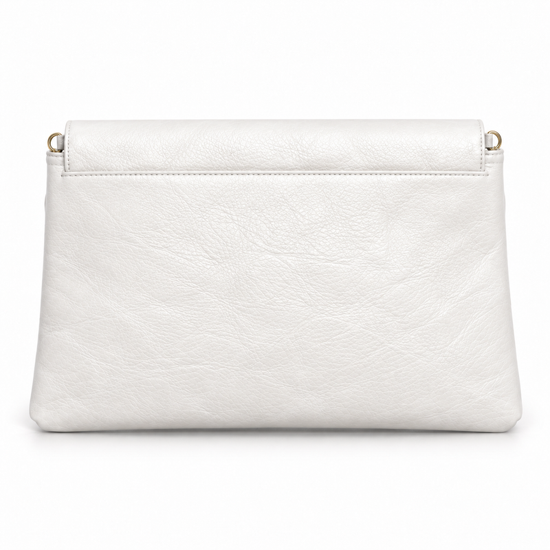 White Textured Leather Cutout Handle Clutch Bag-3