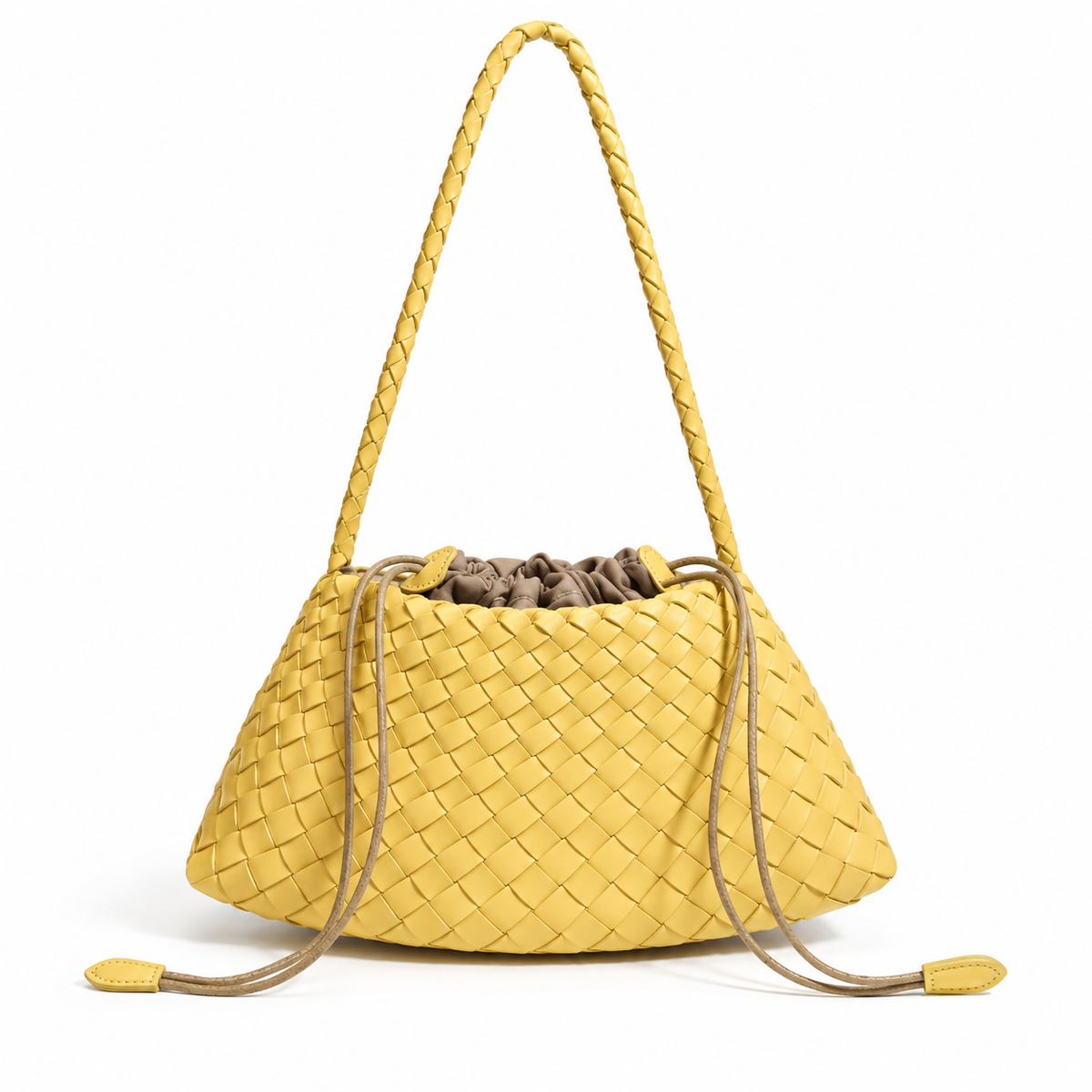 Yellow Woven Drawstring Braided Shoulder Bag-3