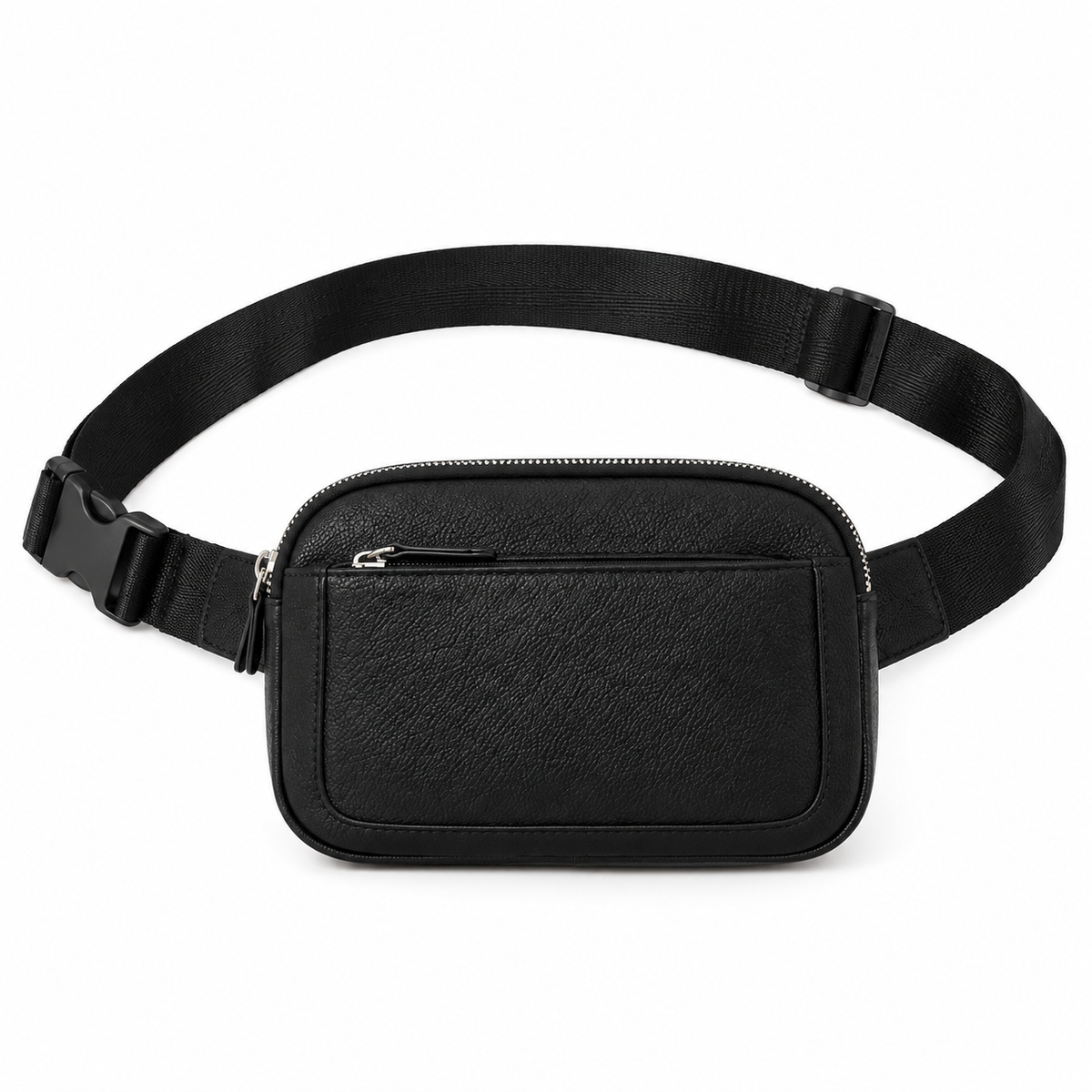 Black Textured Waist Bag With Zippers-4