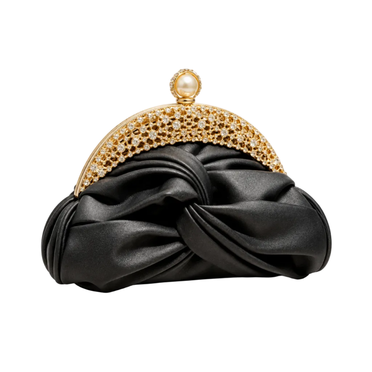 Black Ruched Crystal Frame Evening Clutch-1