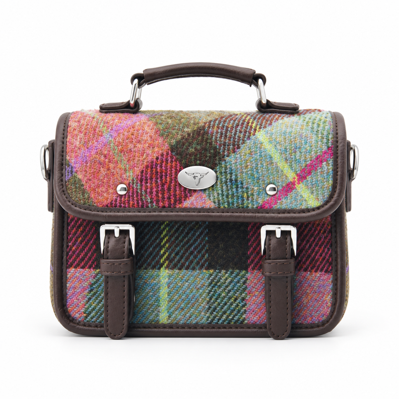 Multicolor Plaid Leather And Canvas Satchel-4
