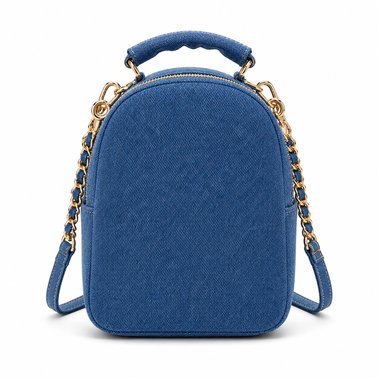 Blue Denim Mini Backpack Handbag with Gold Chain Strap-2