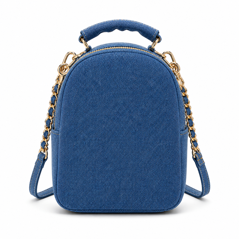 Blue Denim Mini Backpack Handbag with Gold Chain Strap-2