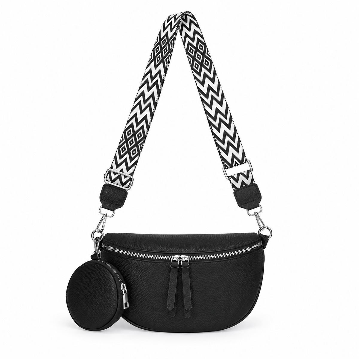 Black Sling Bag With Geometric Strap-2