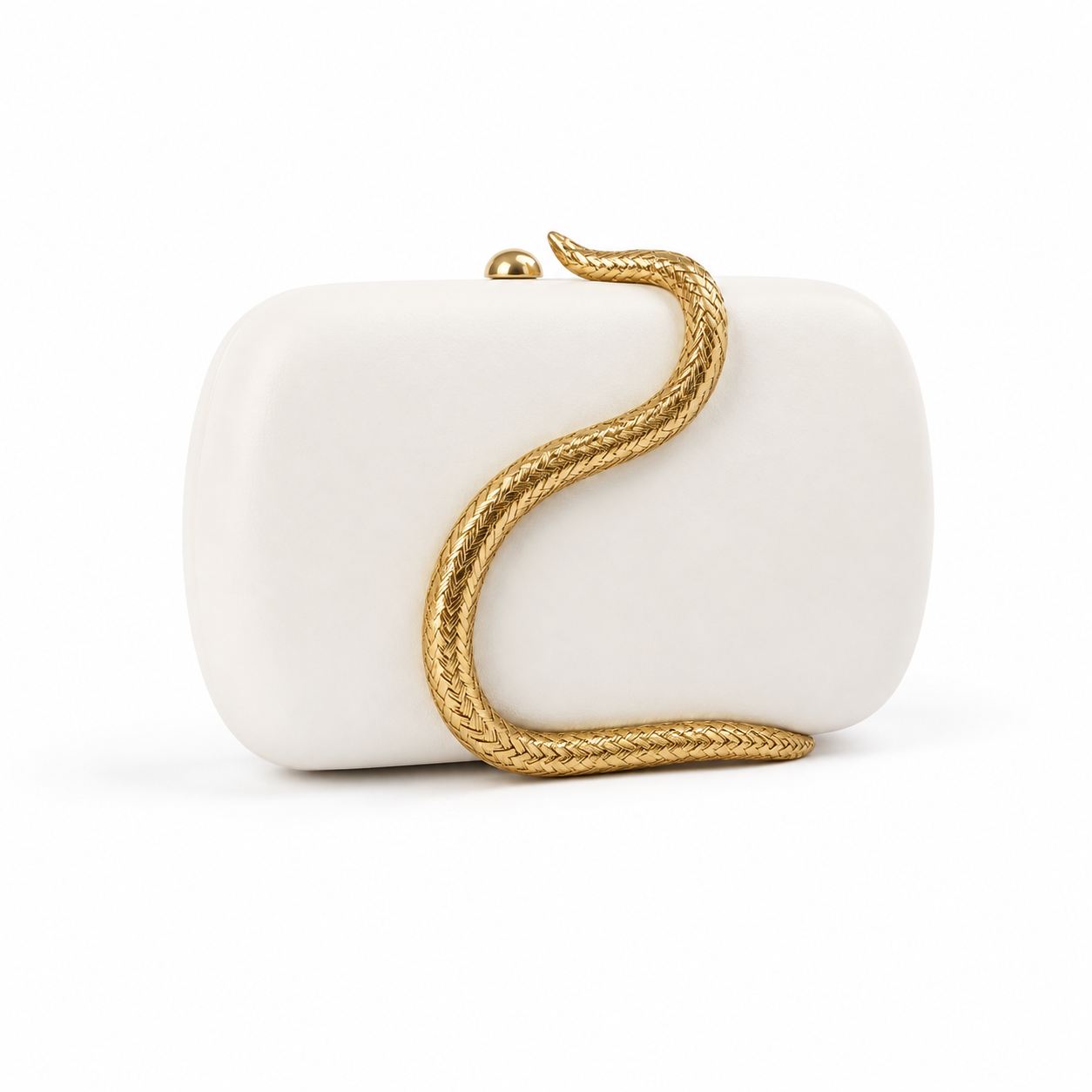 Elegant Ivory Hard-Shell Clutch Bag with Gold Snake Chain Detail-1
