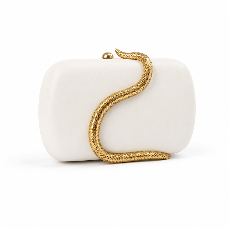 Elegant Ivory Hard-Shell Clutch Bag with Gold Snake Chain Detail-1
