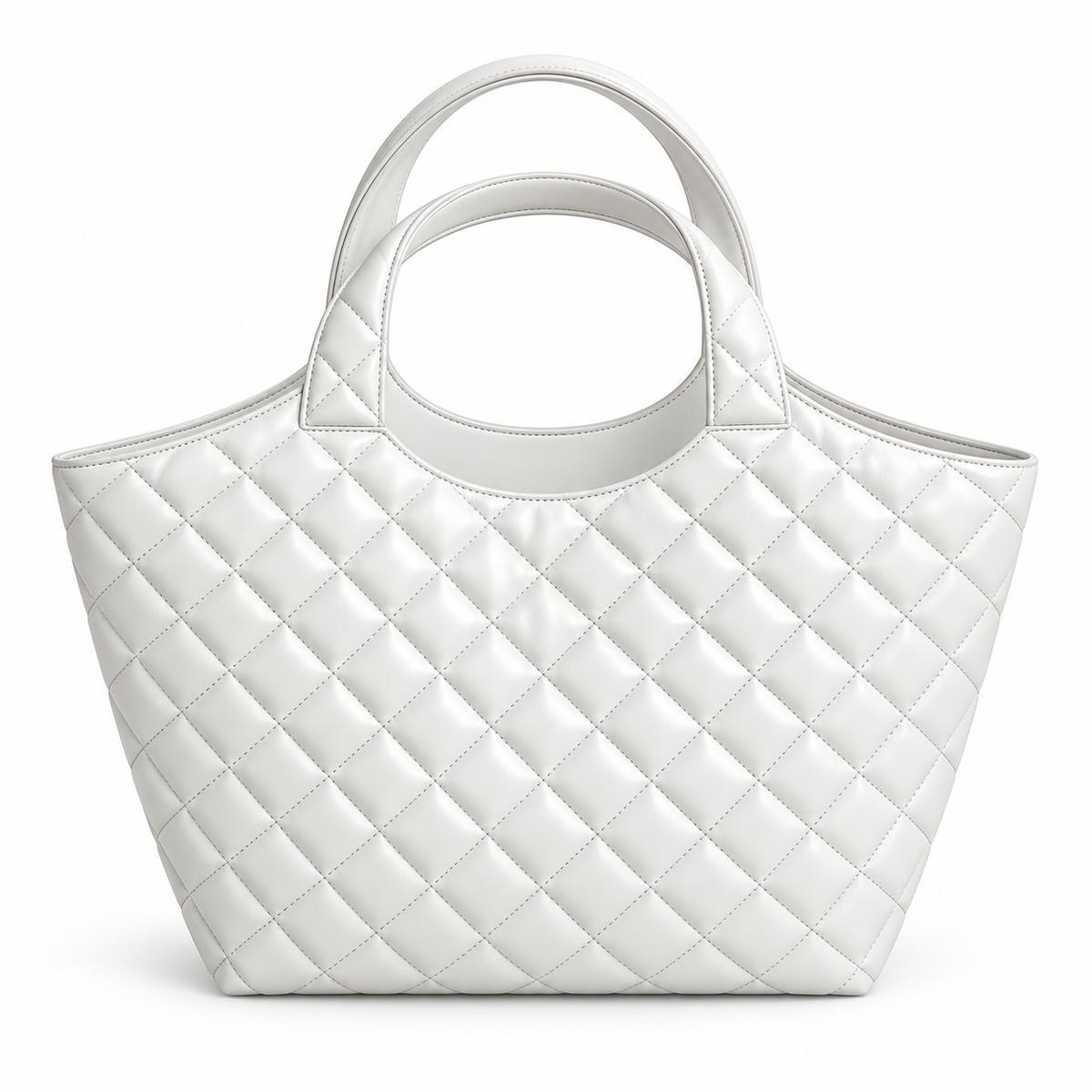 White Quilted Vegan Leather Tote Bag-3