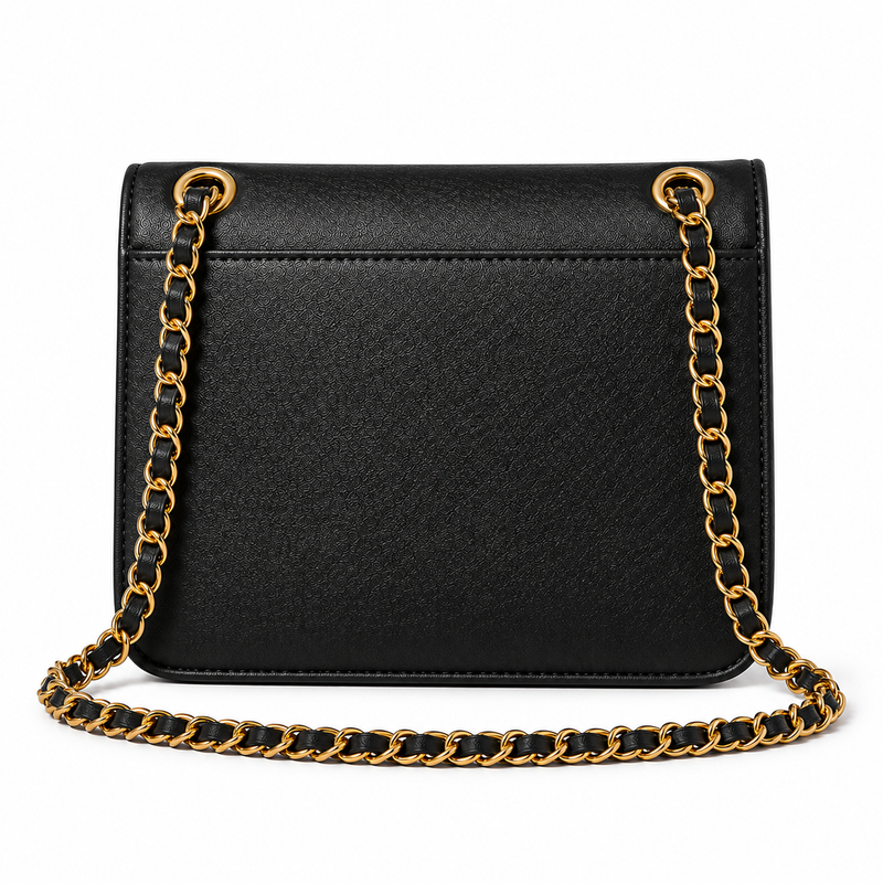 Black Textured Chain Strap Shoulder Bag with Gold Hardware-2