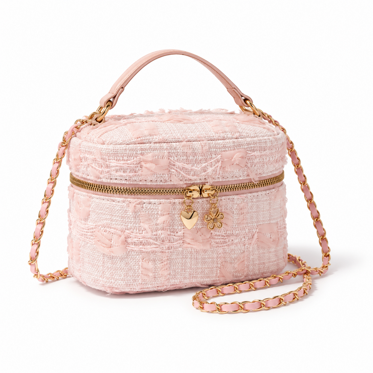 Pink Textured Crossbody Bag With Charms-1
