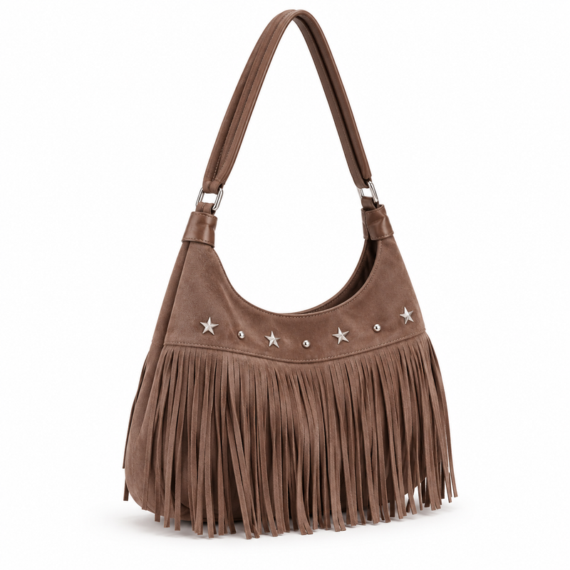 Vintage Brown Star Studded Fringe Shoulder Bag-1