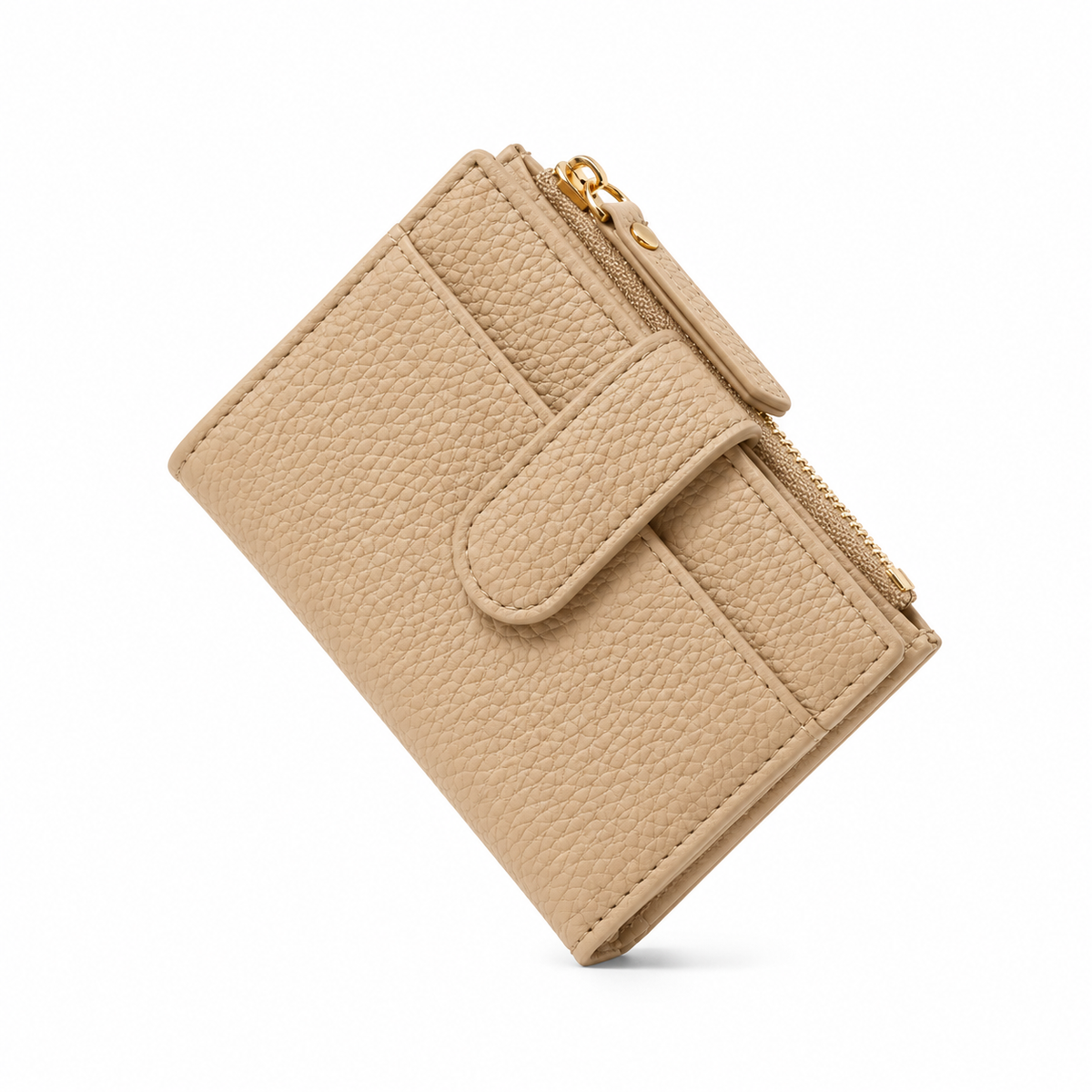 Beige Pebbled Compact Wallet With Zipper-4