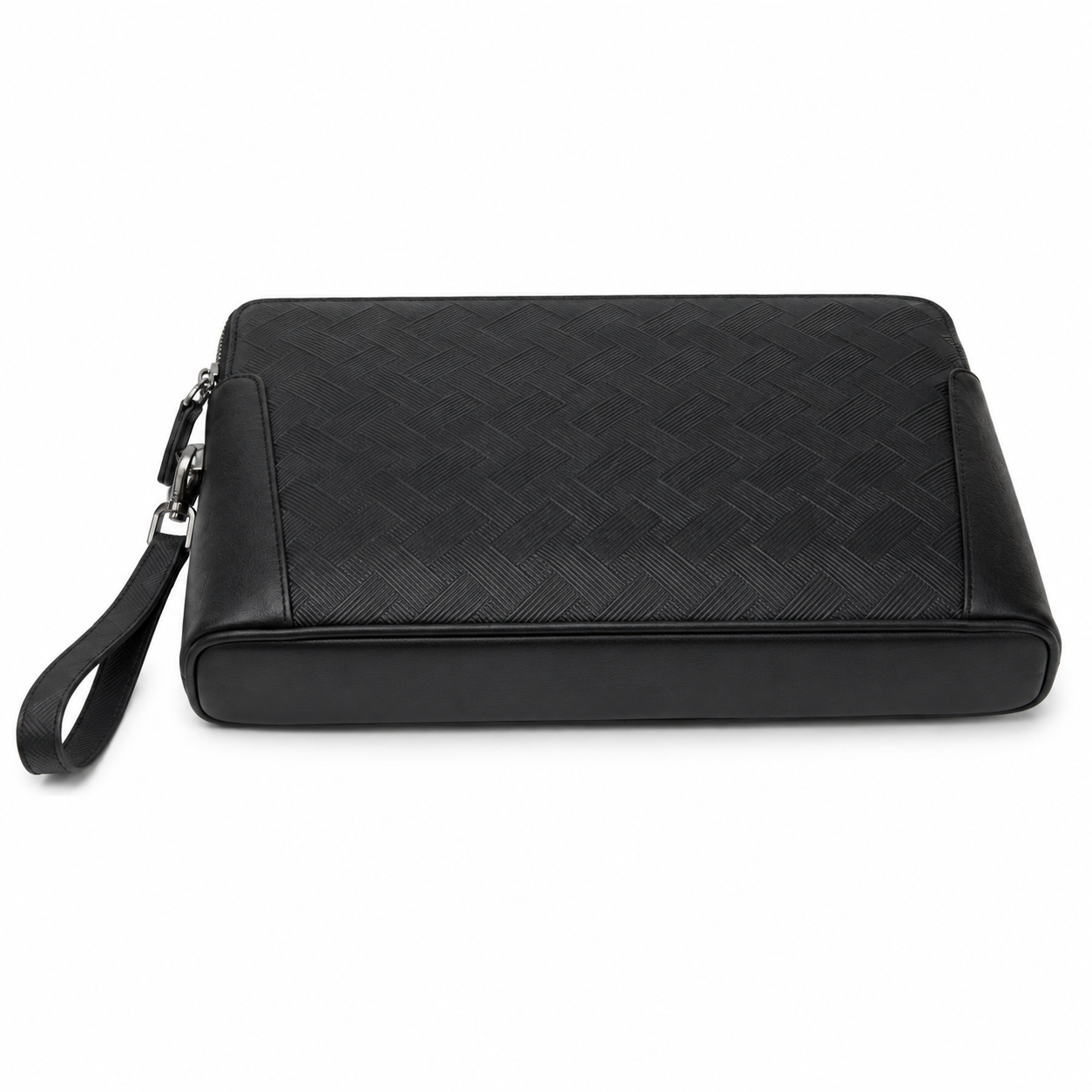 Men’s Black Textured Leather Wristlet Clutch Bag with Zipper-2