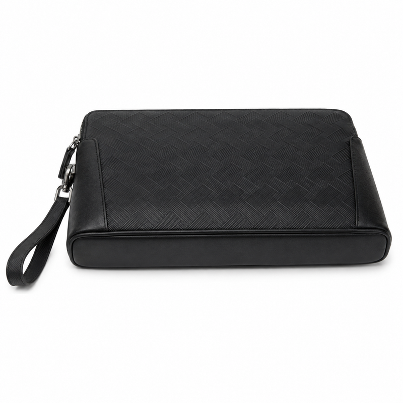 Men’s Black Textured Leather Wristlet Clutch Bag with Zipper-2