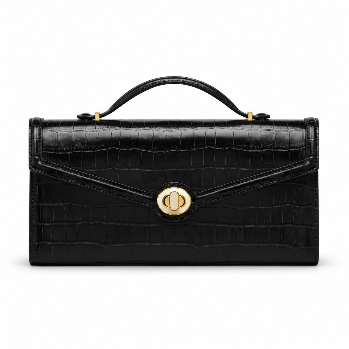 Black Crocodile Embossed Top Handle Clutch Bag-4