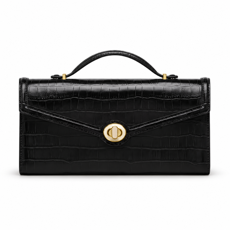 Black Crocodile Embossed Top Handle Clutch Bag-4