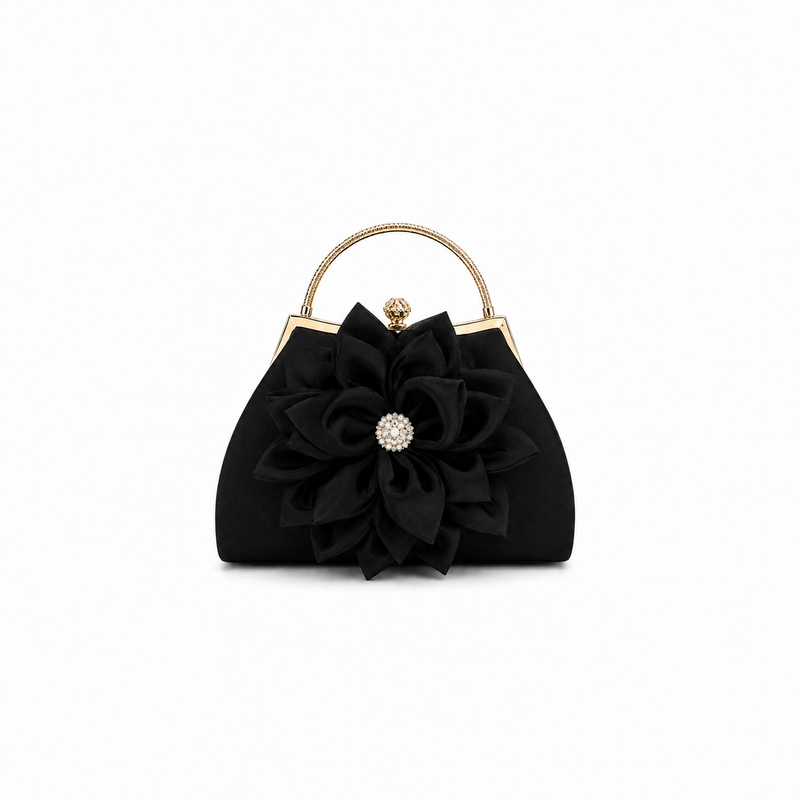 Black Floral Clutch with Pearl Accent-4