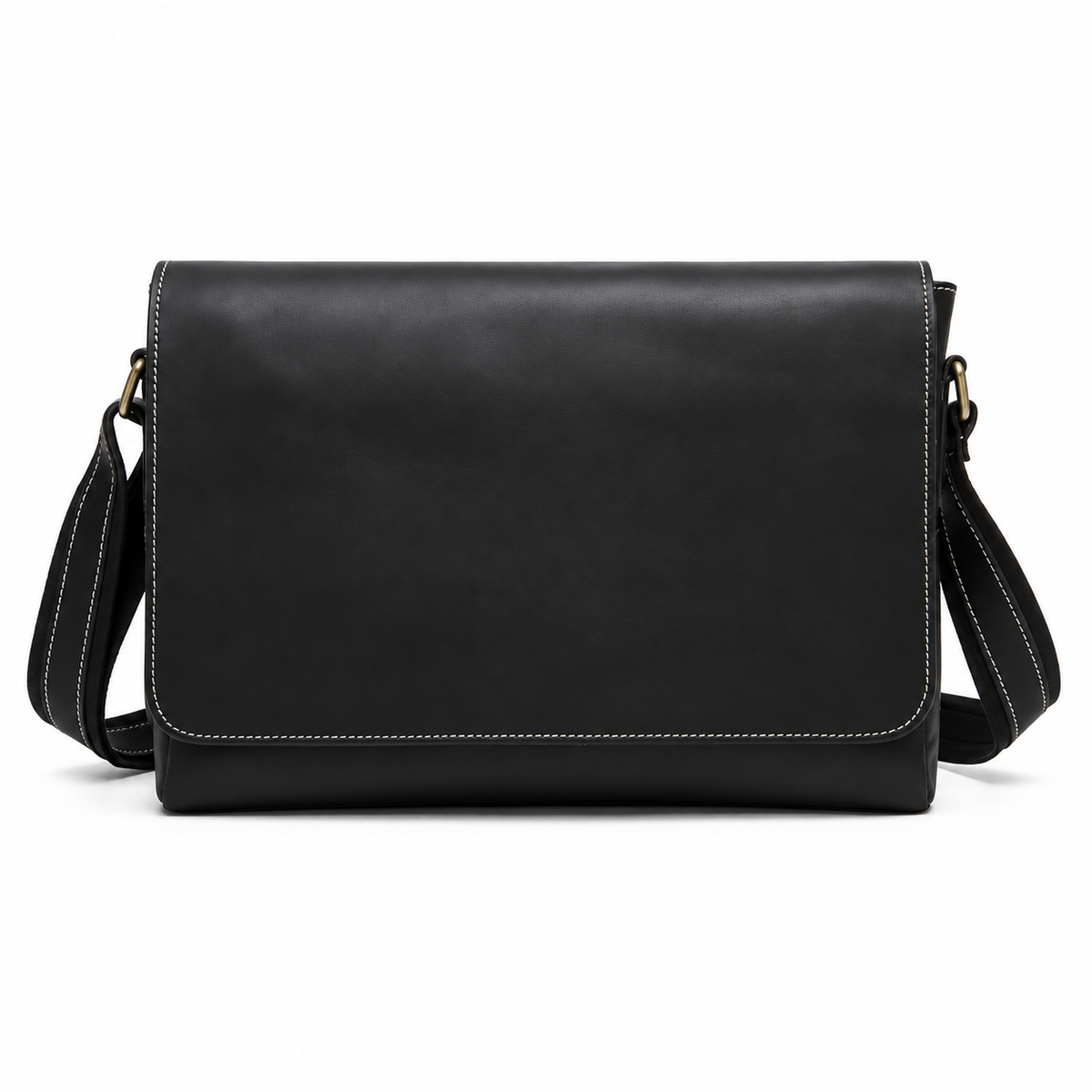 Classic Black Leather Laptop Messenger Bag-3
