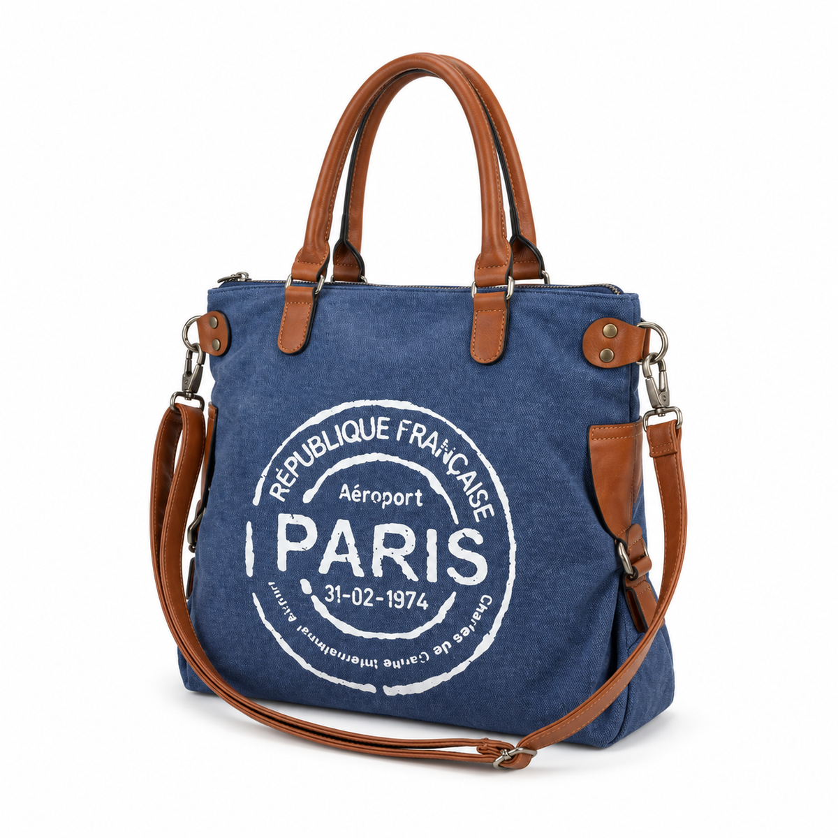 Paris Blue Leather Canvas Tote Bag-3