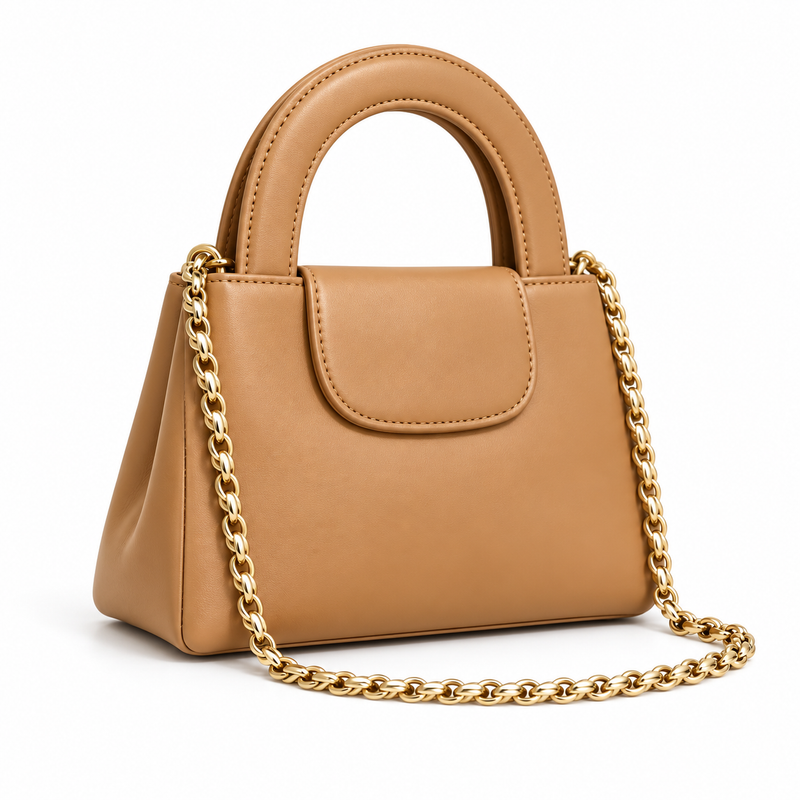 Camel Vegan Leather Chain Handle Handbag-1
