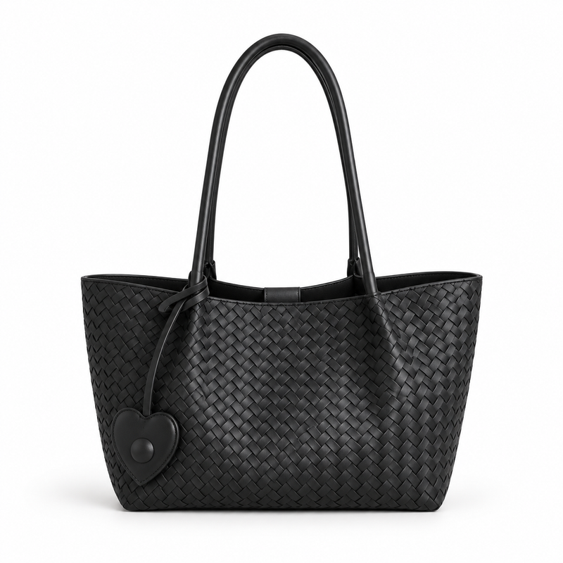 Elegant Black Woven Shoulder Tote Bag-4