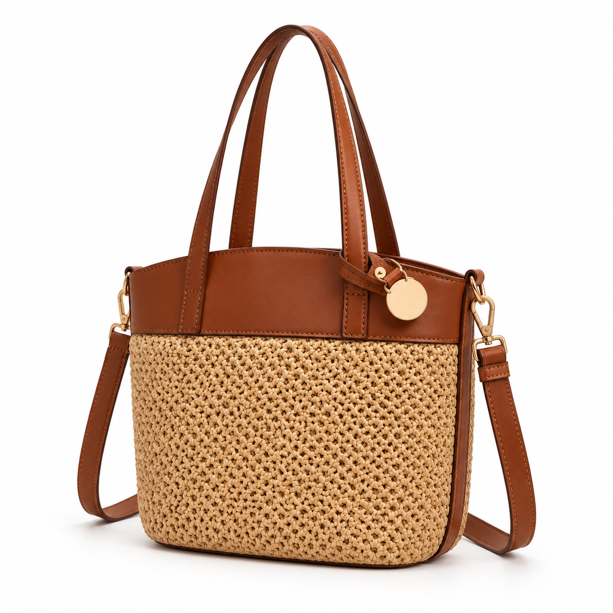 Elegant Woven Tote With Brown Trim-3