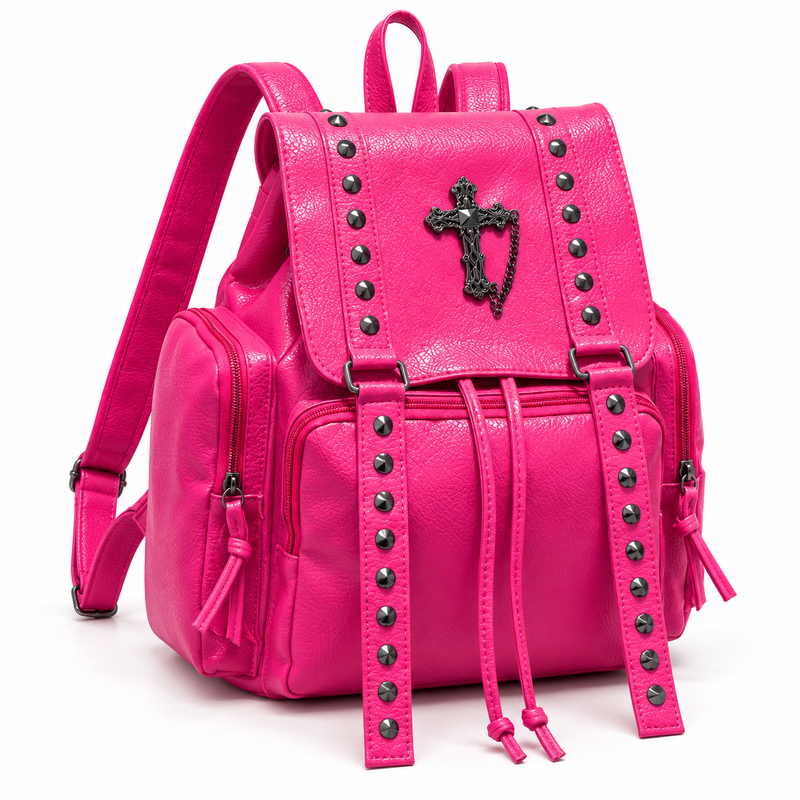Hot Pink Studded Gothic Cross Backpack-1
