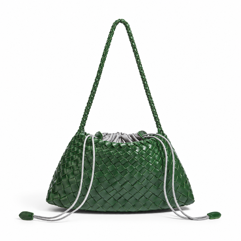 Forest Green Woven Drawstring Shoulder Bag-4