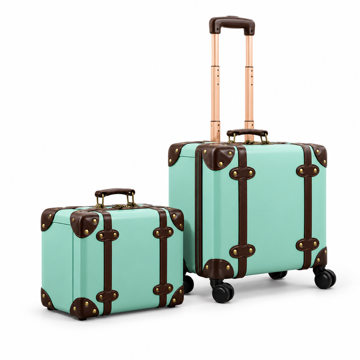 Mint Green Leather Trolley Luggage Set