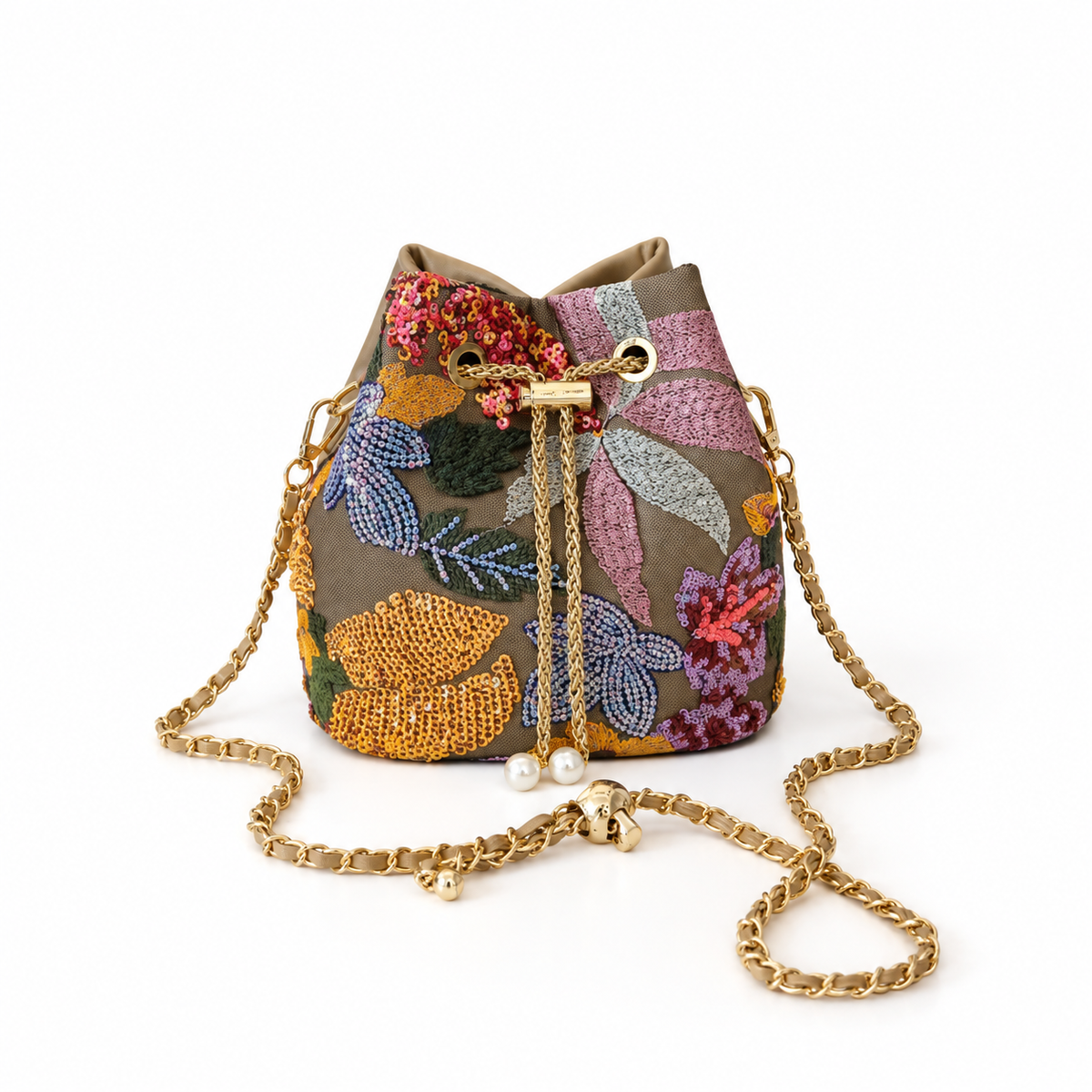 Floral Embroidered Sequin Chain Bucket Bag-1